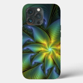 抽象芸術星、光沢のある青の緑の黄金のフラクタル・アート iPhone 13 PROケース