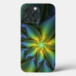 抽象芸術星、光沢のある青の緑の黄金のフラクタル・アート iPhone 13 PROケース