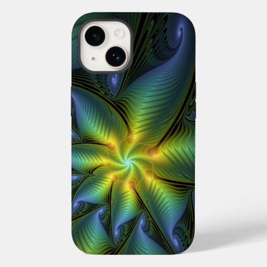 抽象芸術星、光沢のある青の緑の黄金のフラクタル・アート Case-Mate iPhoneケース (裏面)