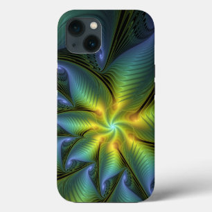抽象芸術星、光沢のある青の緑の黄金のフラクタル・アート iPhone 13ケース