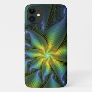 抽象芸術星、光沢のある青の緑の黄金のフラクタル・アート iPhone 11 ケース