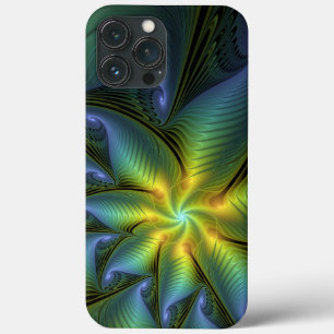 抽象芸術星、光沢のある青の緑の黄金のフラクタル・アート iPhone 13 PRO MAXケース