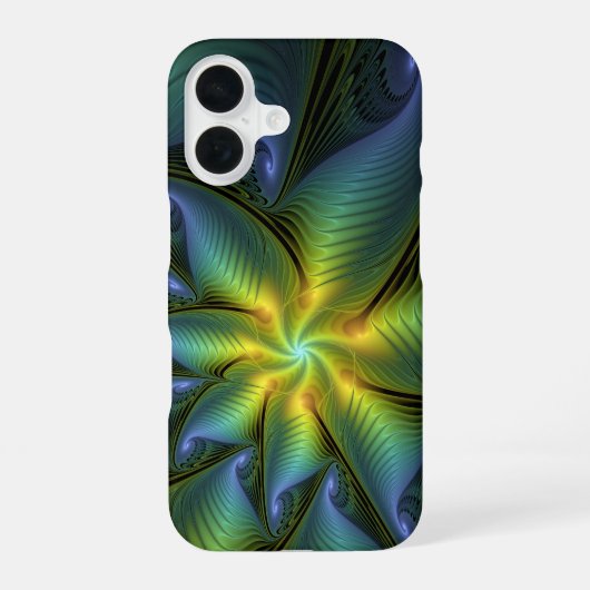 抽象芸術星、光沢のある青の緑の黄金のフラクタル・アート iPhone 16ケース (裏面)
