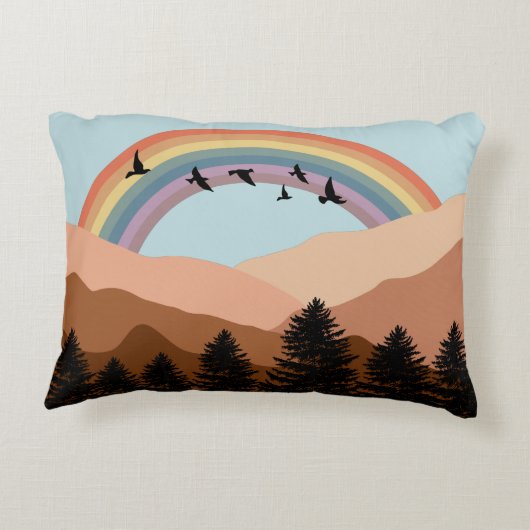 抽象芸術景観森林樹木虹&鳥 アクセントクッション (裏面)