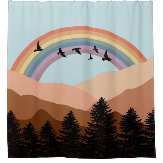 抽象芸術景観森林樹木虹&鳥 シャワーカーテン (正面)