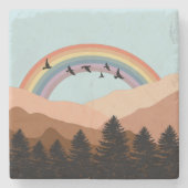 抽象芸術景観森林樹木虹&鳥 ストーンコースター (正面)