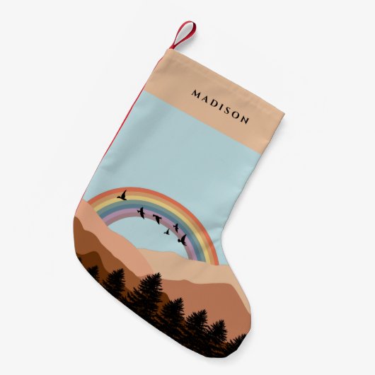 抽象芸術景観森林樹木虹&鳥 スモールクリスマスストッキング (正面 (吊り時))