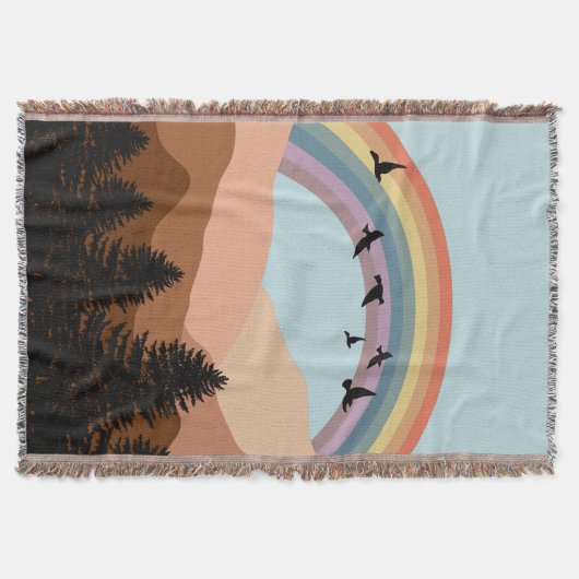 抽象芸術景観森林樹木虹&鳥 スローブランケット (正面)