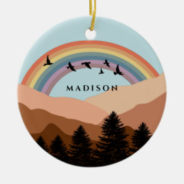 抽象芸術景観森林樹木虹&鳥 セラミックオーナメント