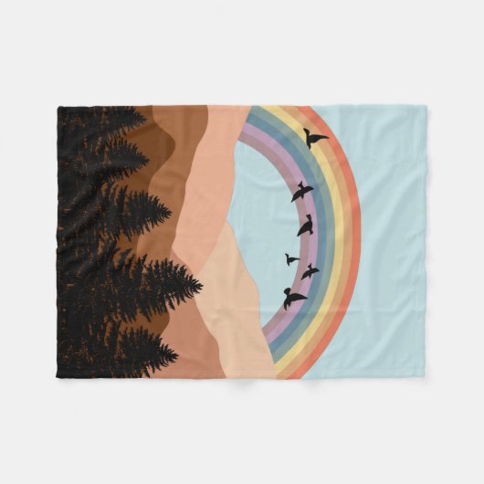 抽象芸術景観森林樹木虹&鳥 フリースブランケット (正面(横))