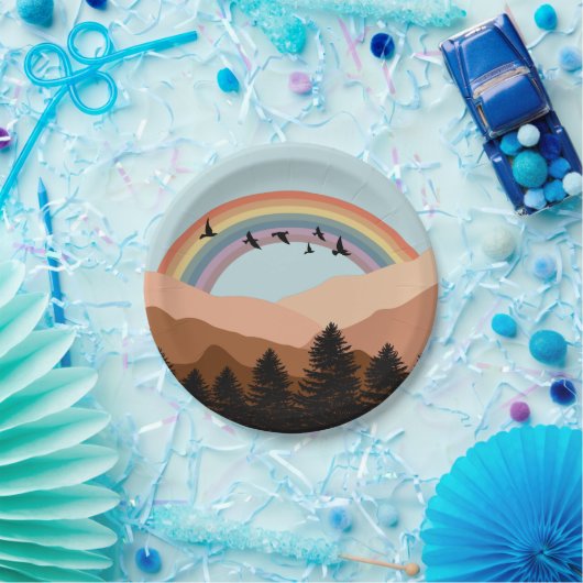 抽象芸術景観森林樹木虹&鳥 ペーパープレート (パーティー)