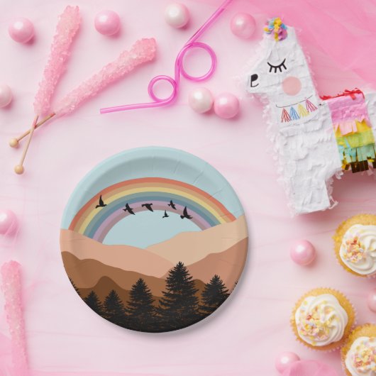 抽象芸術景観森林樹木虹&鳥 ペーパープレート (パーティー)