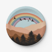 抽象芸術景観森林樹木虹&鳥 ペーパープレート (正面)