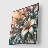 抽象芸術柄のユリカラフル花デザイン スクエア壁時計 (傾斜)