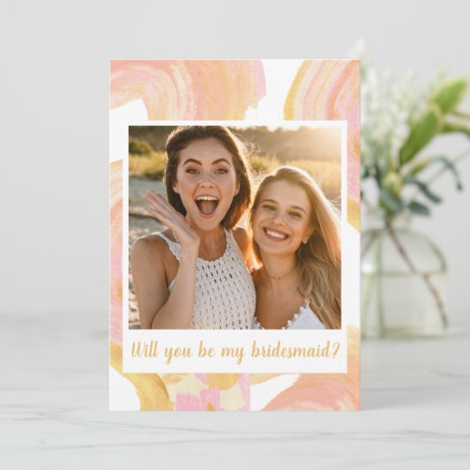 抽象芸術桃の黄色の写真の花嫁の提案 招待状 (スタンド正面)