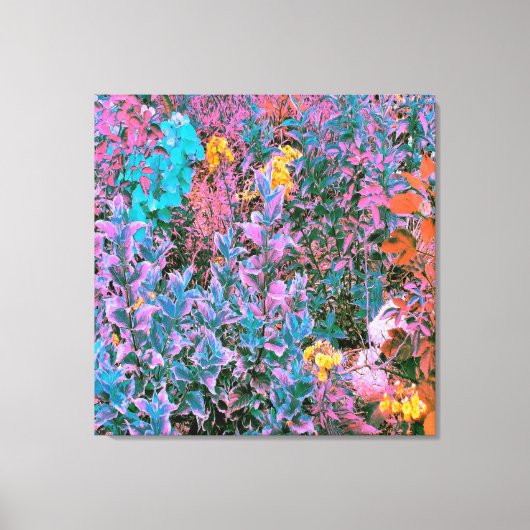 抽象芸術桃、ピンクグリーン、アクアガーデンの葉 キャンバスプリント (正面)