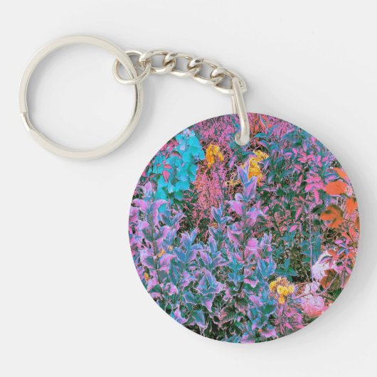 抽象芸術桃、ピンクグリーン、アクアガーデンの葉 キーホルダー (正面)