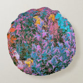 抽象芸術桃、ピンクグリーン、アクアガーデンの葉 ラウンドクッション (裏面)