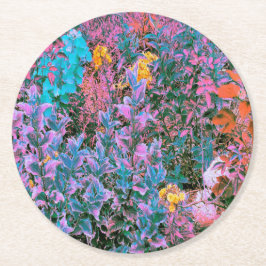 抽象芸術桃、ピンクグリーン、アクアガーデンの葉 ラウンドペーパーコースター