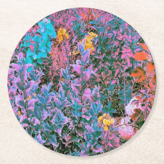 抽象芸術桃、ピンクグリーン、アクアガーデンの葉 ラウンドペーパーコースター (正面)