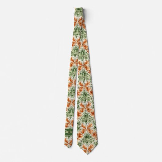 抽象芸術植物性焦げオレンジとモスグリーン ネクタイ (裏面)