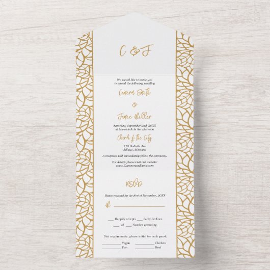 抽象芸術植物線葉白およびアステカ金ゴールド オールインワン招待状 (内側)