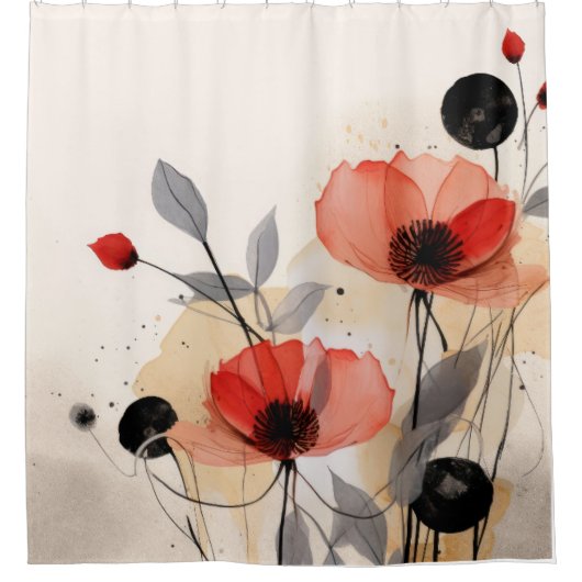 抽象芸術模様（赤）花背景 シャワーカーテン (正面)