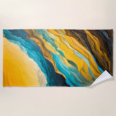 抽象芸術横向きブルーイエローブラウン ビーチタオル (正面)