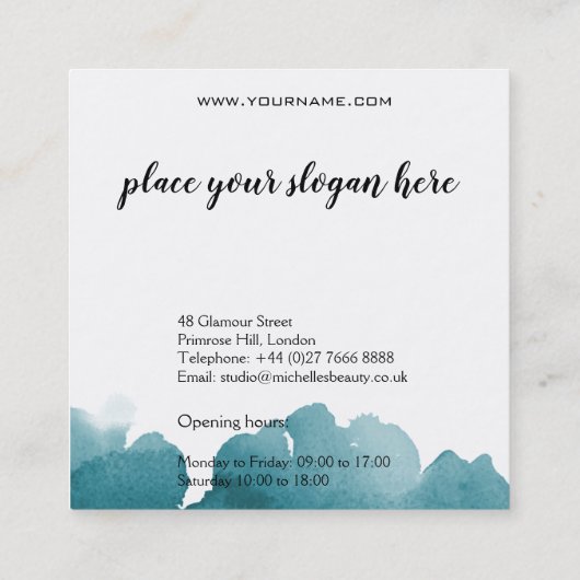 抽象芸術水カラーティール（緑がかった色）カラスプラッシュブラシストローク スクエア名刺 (裏面)