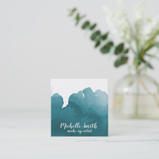 抽象芸術水カラーティール（緑がかった色）カラスプラッシュブラシストローク スクエア名刺 (スタンド正面)