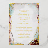 抽象芸術水彩アクア結婚レッド実在金ゴールド 箔招待状 (正面)