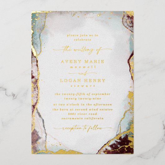 抽象芸術水彩アクア結婚レッド実在金ゴールド 箔招待状 (正面)