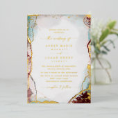 抽象芸術水彩アクア結婚レッド実在金ゴールド 箔招待状 (立ち正面)