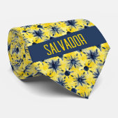 抽象芸術水彩イエロー&ブルーフローラモノグラム ネクタイ (ロール)