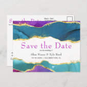 抽象芸術水彩インク明るい赤紫色ピンクティール(緑がかった色)金ゴールド 案内ポストカード (正面/裏面)