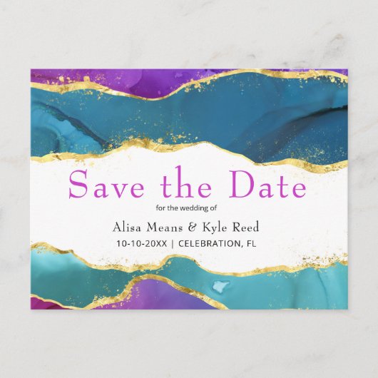 抽象芸術水彩インク明るい赤紫色ピンクティール(緑がかった色)金ゴールド 案内ポストカード (正面)