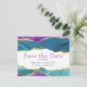 抽象芸術水彩インク明るい赤紫色ピンクティール(緑がかった色)金ゴールド 案内ポストカード (スタンド正面)