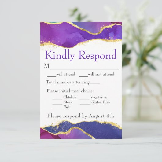 抽象芸術水彩インク明るい赤紫色ピンクパープル金ゴールド 出欠カード (スタンド正面)