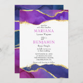 抽象芸術水彩インク明るい赤紫色ピンクパープル金ゴールド 招待状 (正面/裏面)