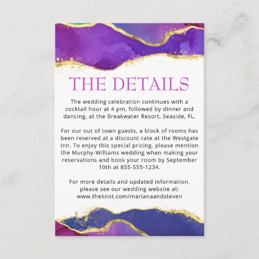 抽象芸術水彩インク明るい赤紫色ピンクパープル金ゴールドE エンクロージャーカード (正面)