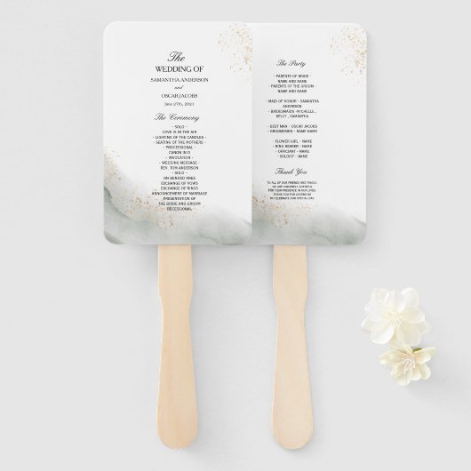 抽象芸術水彩グリーンブラシストロークと金ゴールド ハンドファン (正面&裏面)