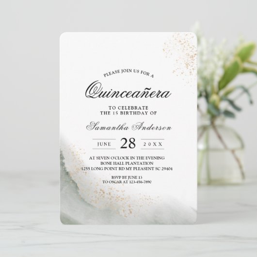 抽象芸術水彩グリーンブラシストロークと金ゴールド 招待状 (スタンド正面)