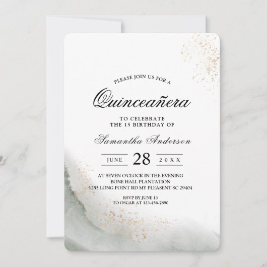 抽象芸術水彩グリーンブラシストロークと金ゴールド 招待状 (正面)