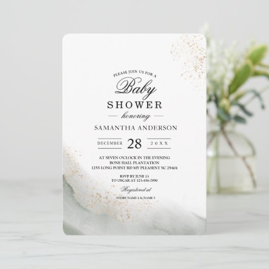 抽象芸術水彩グリーンブラシストロークと金ゴールド 招待状 (スタンド正面)