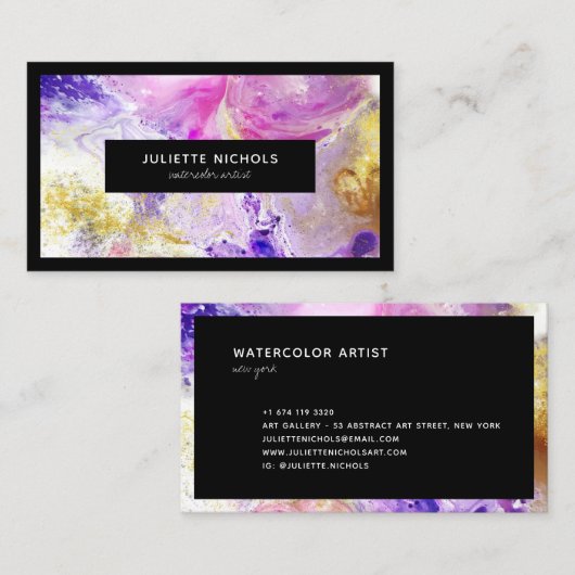 抽象芸術水彩シックなピンクの紫の金ゴールド作家 名刺 (正面/裏面)