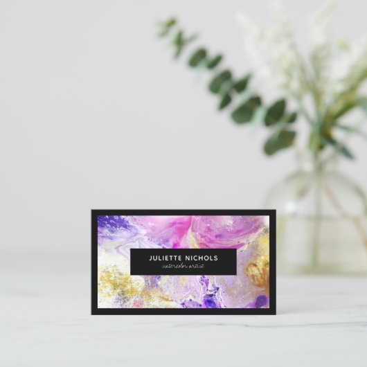 抽象芸術水彩シックなピンクの紫の金ゴールド作家 名刺 (スタンド正面)