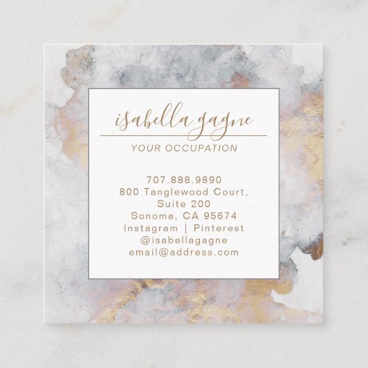 抽象芸術水彩スモーキーブルーと金ゴールド スクエア名刺 (裏面)