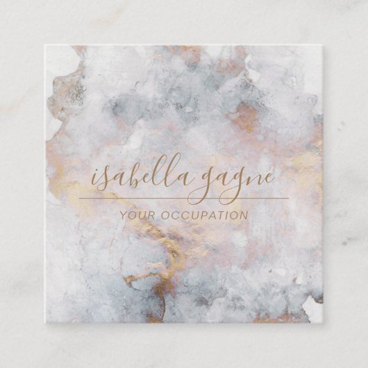 抽象芸術水彩スモーキーブルーと金ゴールド スクエア名刺 (正面)