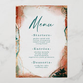 抽象芸術水彩ティール（緑がかった色）と実在バラ金ゴールド 箔招待状 (正面)