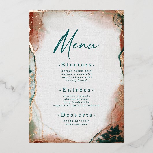 抽象芸術水彩ティール（緑がかった色）と実在バラ金ゴールド 箔招待状 (正面)